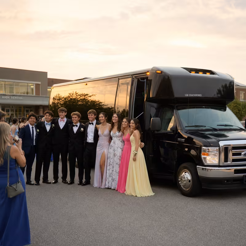 Group boarding a white charter bus for Prom & Homecoming Transportation transportation in Aurora