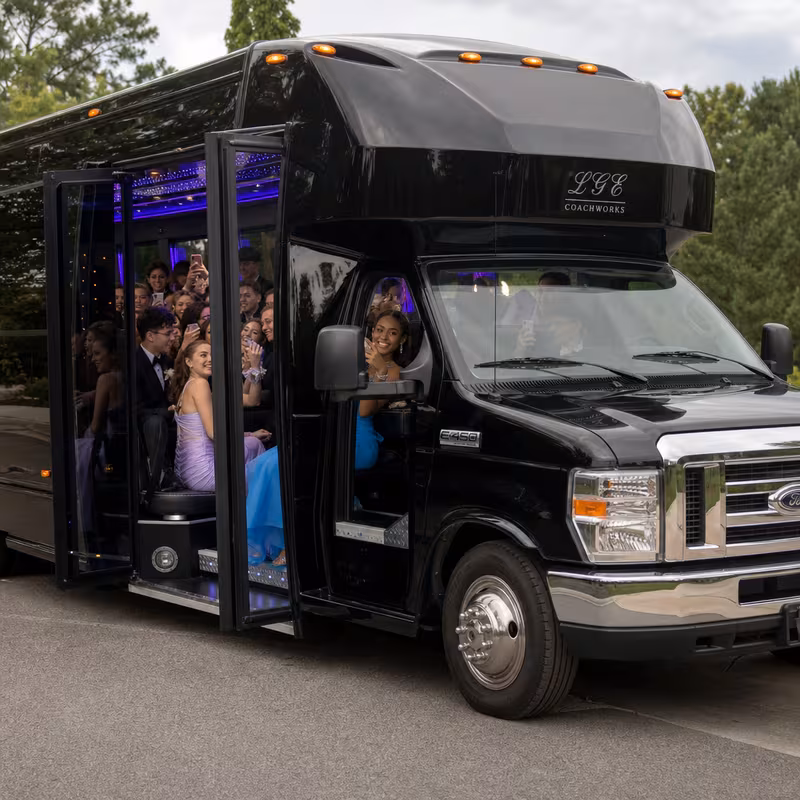Black Mercedes Sprinter van staged for an Aurora Prom & Homecoming Transportation group